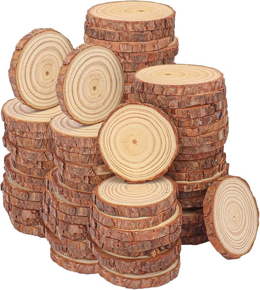 70 PCS Unfinished Wood Slices for Centerpieces, 3.15-4 Inch Natural Wood Slices with Tree Bark for DIY Crafts, Ornaments, Art & Decor