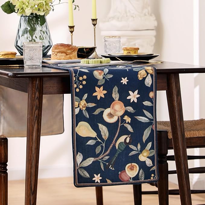 bilin gaier Linen Blue Table Runner 63 Inches Long,Wrinkle-Resistant Vintage Rustic Farmhouse Floral Table Runners,Decor Luxury Vintage Runner Table Cloth for Coffee & Dining Table,12"x63"-Dewey B