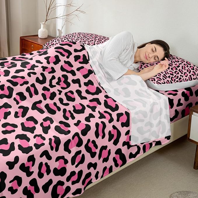 Castle Fairy African Cheetah Wildlife Fur Bed Sheet King Set,Wild Animal Skin Luxury Sheet Sets Adults Room Decoration,Pink Leopard Print Bedding Set with Flat,Fitted Sheet,2 Pillow Cases