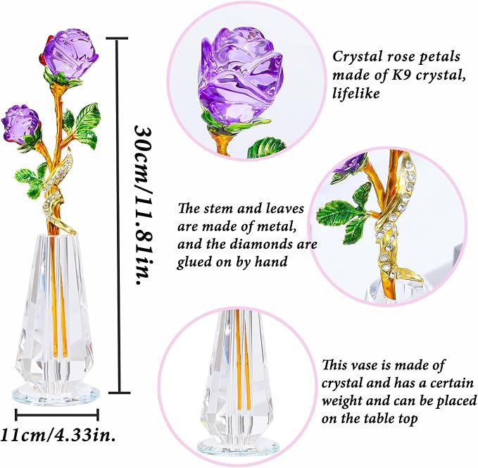 Arikyrist Purple Rose Flower Crystal Figurine with Vase, Handmade Bouquet Glass Flowers Ornament Rose Gifts for Wife Women, Crystal Flower Home Table Decor for Valentine Mother's Day Wedding