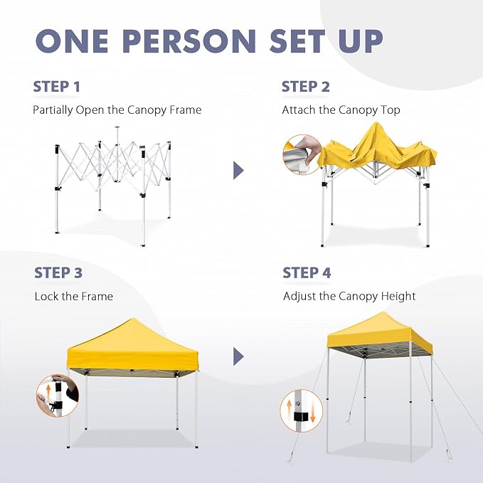 5x5 Pop Up Canopy Tent, Instant Portable Beach Canopy, Outdoor Tent with Carry Bag for Camping, Sports, Tailgating, Events, Yellow