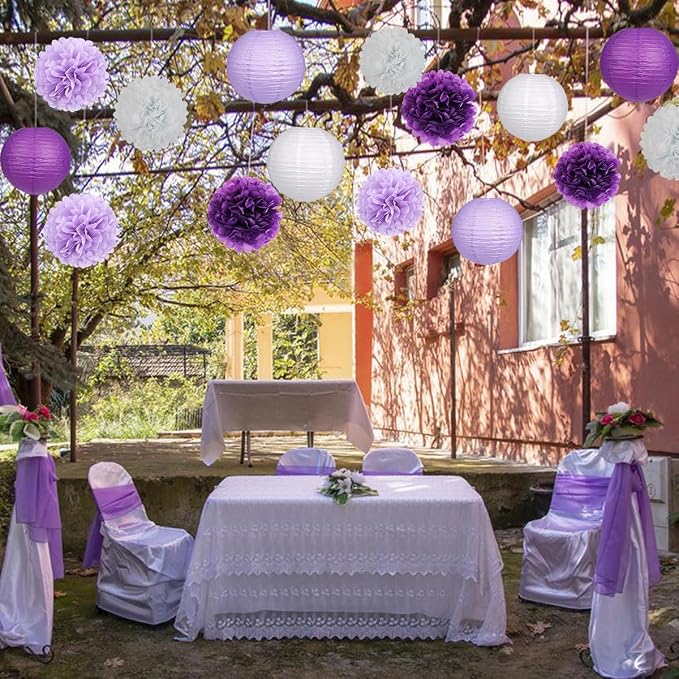 zilue Purple Party Decorations, Paper Lanterns and Pom Poms Flowers for Birthday Party Baby Shower Bachelorette Decor Purple Pack of 15 Pieces