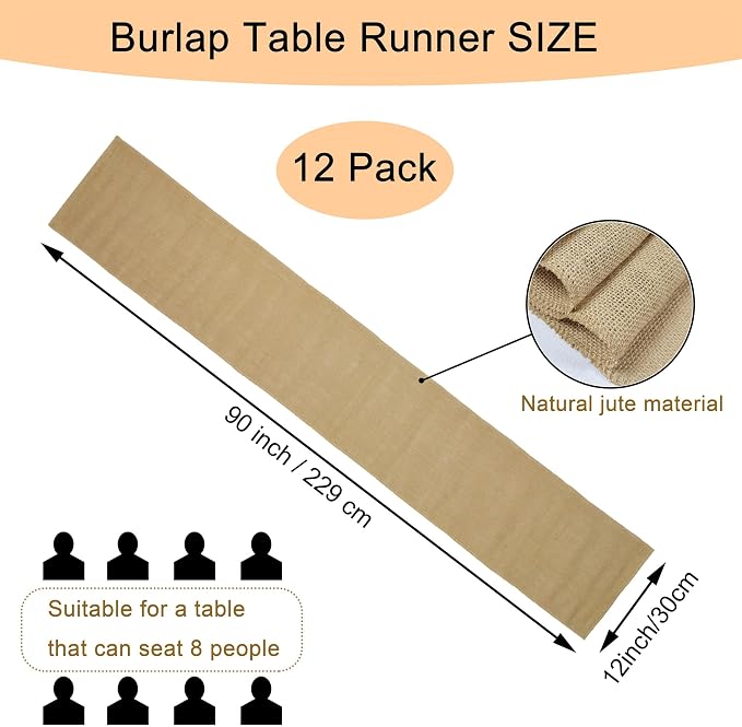 12 Pack 12 x 90 Inch Natural Burlap Table Runners,Rustic Jute Table Runner and Placemats Bulk for Western Wedding Table Decorations,Farmhouse Style Party,Holiday,Kitchen Table Decor