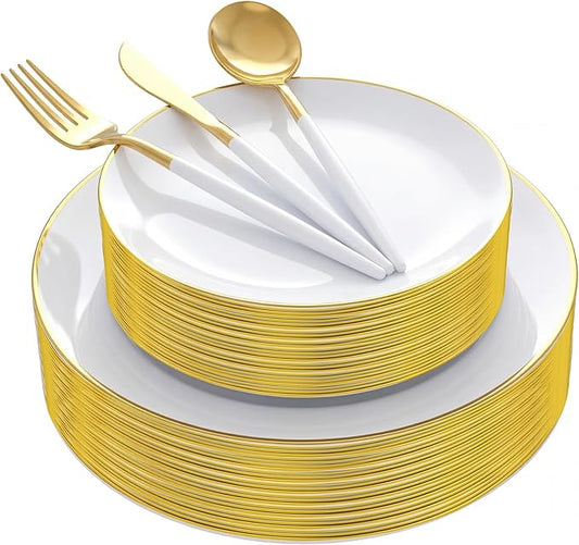 Supernal Elegant White and Gold Plastic Dinnerware Set – Premium Heavy-Duty Disposable Plates & Gold Plastic Silverware for Weddings, Outdoor Parties & Birthdays (Serves 30)
