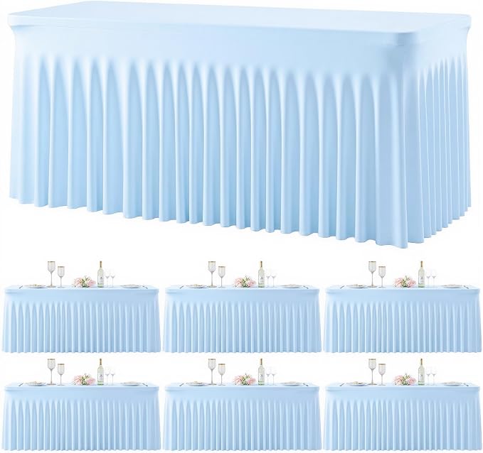 6 Pack Baby Blue Table Cloth for 6 Foot Rectangle Tables Spandex Fitted Tablecloth 6ft Stretch Table Covers Skirt Baby Blue Banquet Tablecloths Wrinkle Free Tablecloth for Party Wedding Birthday Event