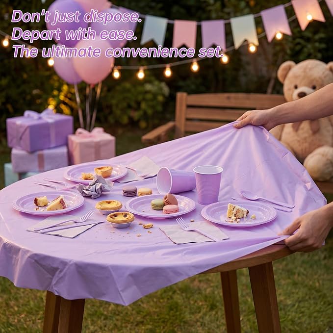 352 Pcs Lilac Plastic Plates Party Set, 50 Guests Disposable Dinnerware Set with Light Purple Tablecloths, Soft Lilac Plastic Plates Party Set for Baby Shower/Bridal Shower/Tea Party/Spring Event