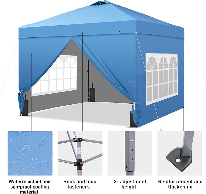 GDY 10x10 Pop Up Canopy Tent with 4 Sidewalls, Easy Set up, Outdoor Silver Coated Beach Gazebos, Carpas with 4 Sandbags, for Events, Parties,Camping,Blue.