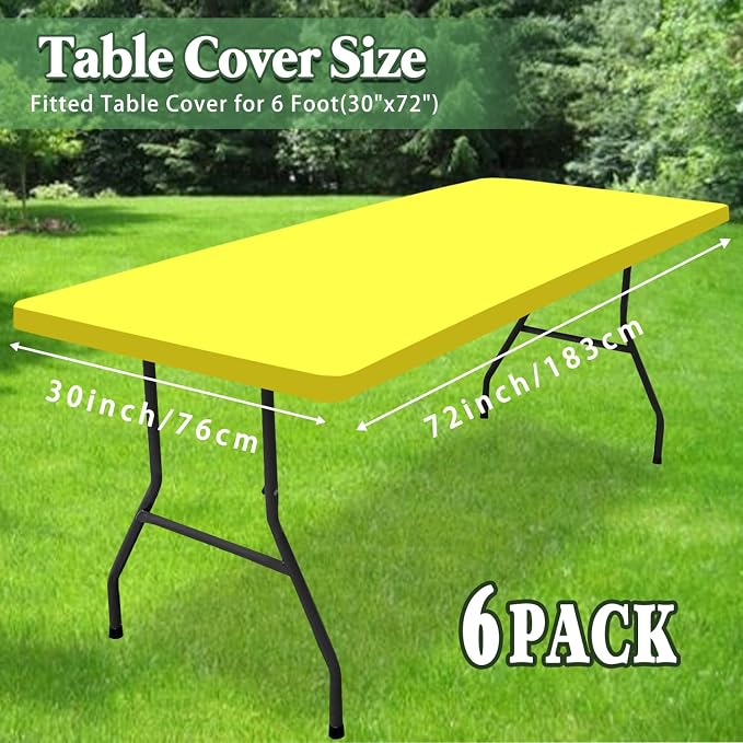 6 Pack Picnic Table Cover Fitted Tablecloths 6 Foot Rectangle Tables Elastic Waterproof Stretch Washable Patio Folding Outdoor Spandex Table Cloth for Camping Banquet and Parties (Yellow,30" x 72")