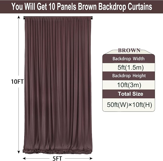 50ft×10ft Brown Wrinkle Free Backdrop Curtains for Parties, 10 Panels 5×10ft Soft Silky Polyetsr Umber Photo Backdrop Drapes for Teddy Bear Bee Birthday Themed Party Baby Shower Wedding Photography