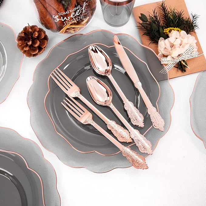 BUCLA 30Guests Clear Black Plastic Plates With Rose Gold Silverware & Cups - Rose Gold Rim Plastic Dinnerware Ideal for Party & Mother's Day