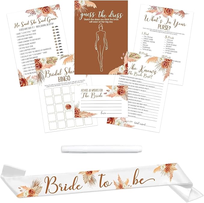 Levfla 300 Pcs Boho Bridal Shower Games Cards - Set of 6 (50 Guests) with Tropical Bohemian Bride to Be Sash 4 PCS Marker Pens Suitable for Pampas Grass Bridal Shower, Terracotta Bachelorette Party