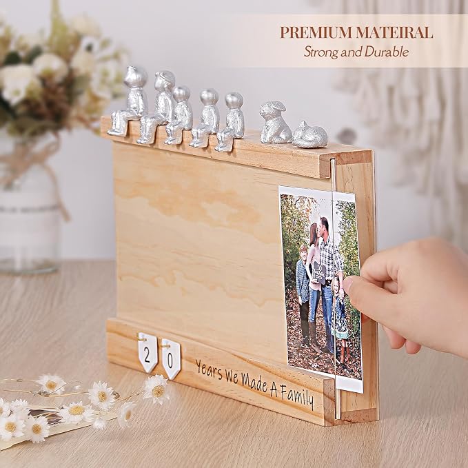 Anniversary Keepsake Box with Family Statue- Wooden Picture Frame for Cherished Keepsakes Storage，Anniversary or Wedding Gifts for Her/He (Pine)