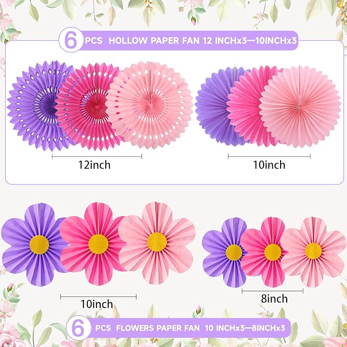Pink Purple Party Decorations, 12PCS Hanging Paper Fans Flower Wall Backdrop for Wedding, Birthday, Baby Shower, Bridal Shower, Nursery, Indoor Outdoor Classroom Decor