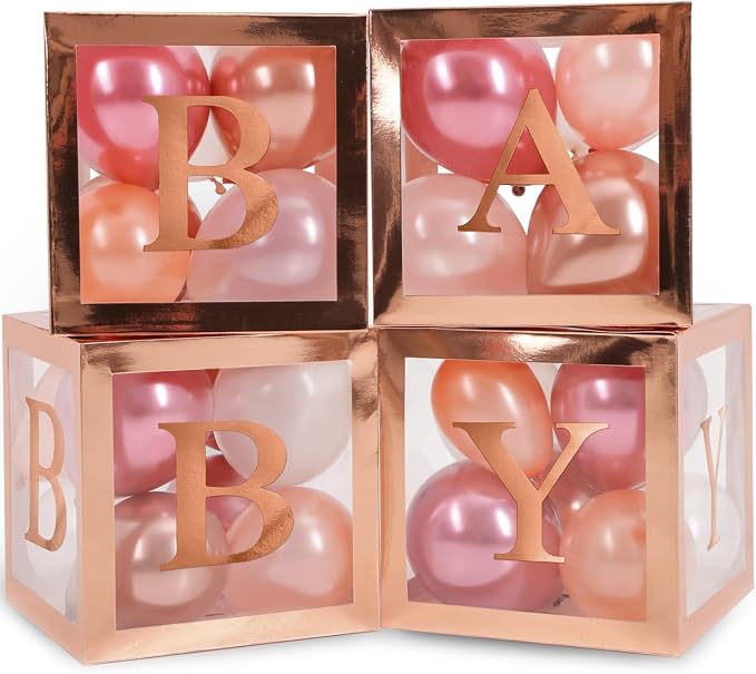 44-Piece Baby Shower Decorations for Boy or Girl - 4 Boxes with Letters and 32 Balloons - Elegant Rose Gold - Gender Reveal Party Supplies - Photo Shoot Backdrop and Nursery Décor