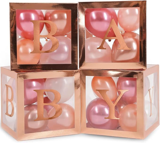 44-Piece Baby Shower Decorations for Boy or Girl - 4 Boxes with Letters and 32 Balloons - Elegant Rose Gold - Gender Reveal Party Supplies - Photo Shoot Backdrop and Nursery Décor