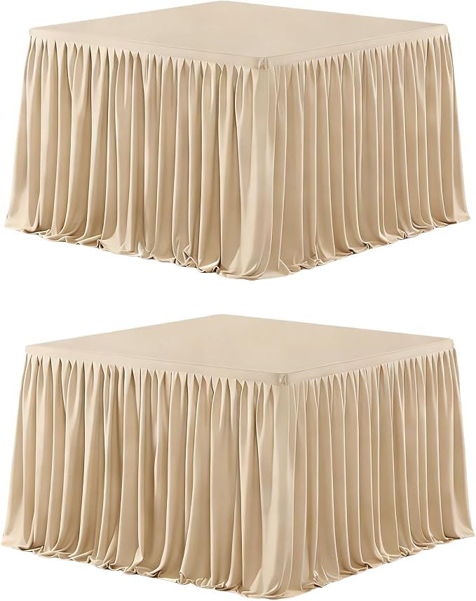 Wish Care 2 Pack Champagne Square Table Clothes for 2.8 Foot Tables, Polyester Fitted Tablecloths 2.8ft Stretch Table Cover for Wedding, Birthday, Parties, Trade Show, Craft Show