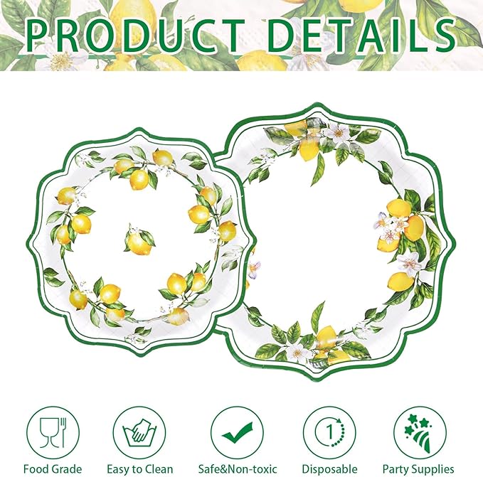 250Pcs Lemon Party Decorations Green Lines Lemon Plates and Napkins Yellow Lemons Theme Birthday Tableware Set for Spring Summer Lemons Bridal Shower Baby Birthday Party Supplies, Serves 50
