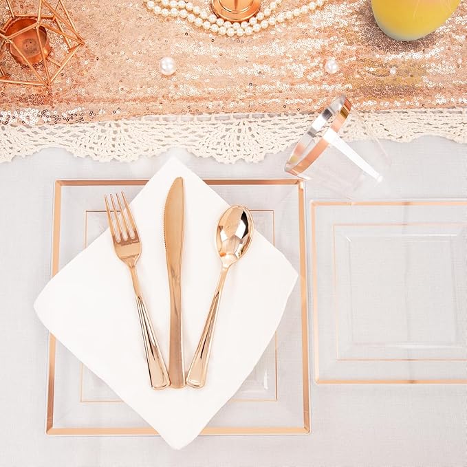 DaYammi 175 PCS Rose Gold Plastic Plates, Rose Gold Plastic Dinnerware Sets Includes: 25 Dinner Plates, 25 Salad Plates, 25 Pre Rolled Napkins with silverware 25 Cups 9 OZ, Perfect for Mother's Day