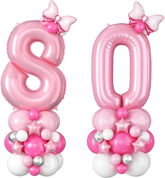 Pink Number 80 Balloons 40 Inch Pastel Pink 80th Birthday Party Decorations Baby Hot Pink White Number 80 Foil Balloon Tower with Bows Giant Large Digit Helium Balloon for Girls Women 80th Anniversary