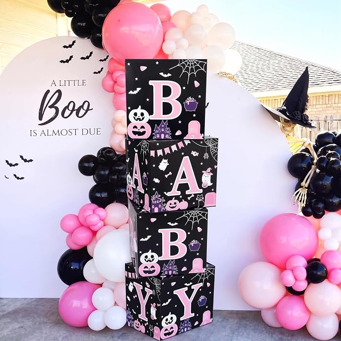 AmazingSpark 4 Pcs Pink Ghost Halloween Baby Shower Boxes with Letters Halloween A Little Boo Is Almost Due Candy Box Decor with Letters Blocks Baby Shower Centerpiece for Party Backdrop