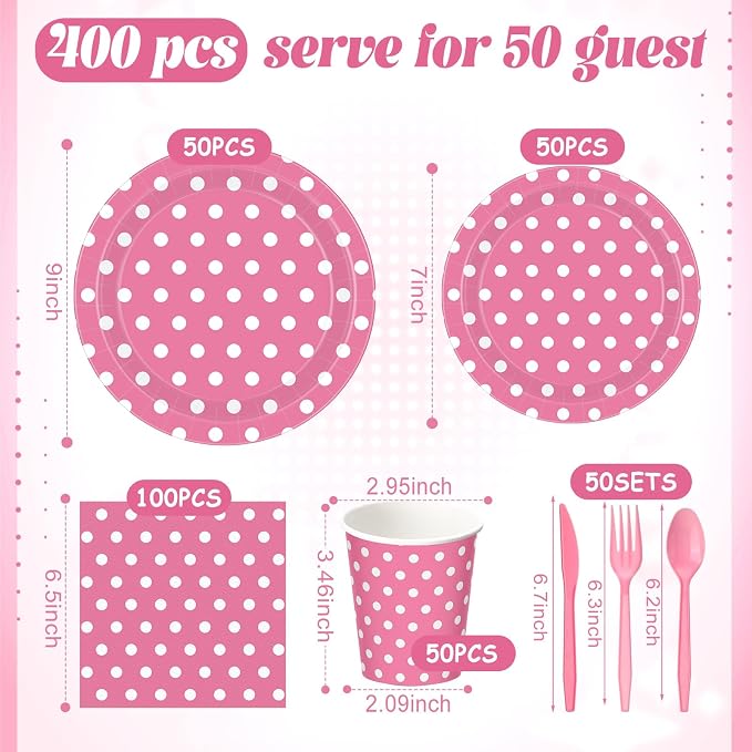 Funnymoom 400 Pcs Pink Polka Dot Party Supplies for 50 Guests White Polka Dot Paper Plates and Napkins Knives Spoon Fork Cup Set Cutlery for Birthday Wedding Bridal Shower Pink Girl