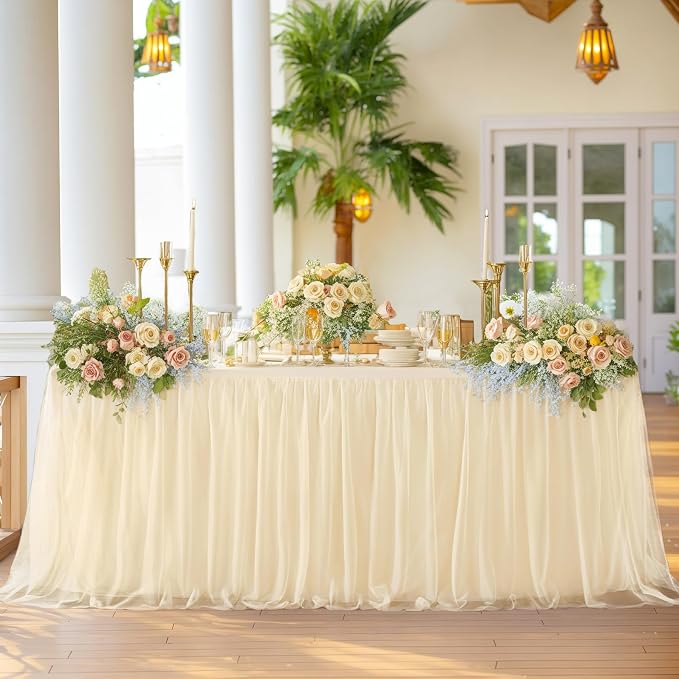 Champagne Tablecloth 6 Foot Rectangle, Tulle Table Skirt for Rectangle Tables 6ft Fitted Desk Skirt Banquet Birthday Party Wedding Champagne Table Cloths Cover