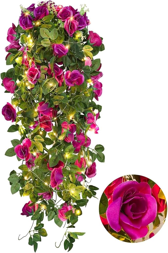 RECUTMS Artificial Hanging Rose Flower Plants, 2PCS 37 Inch Fake Purple Silk Floral Ivy Garlands with 30 LED Fairy String Lights for Home Room Garden Easter Graduation Arrangement Indoor Outdoor Decor