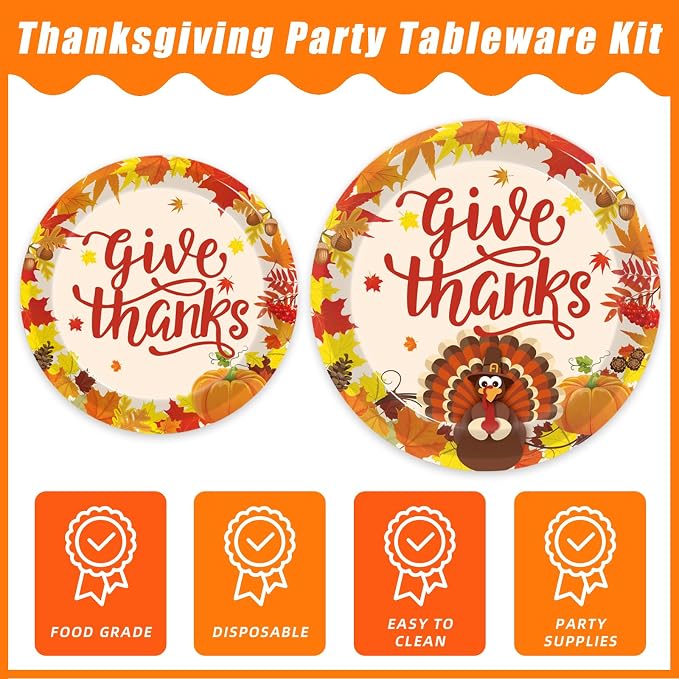 Kepeel 96 Pcs Fall Thanksgiving Party Supplies Give Thanks Party Plates Fall Pumpkin Turkey Autumn Party Plates Napkins Set Disposable Dinnerware Tableware for Thanksgiving Dinner Party, Serves 24