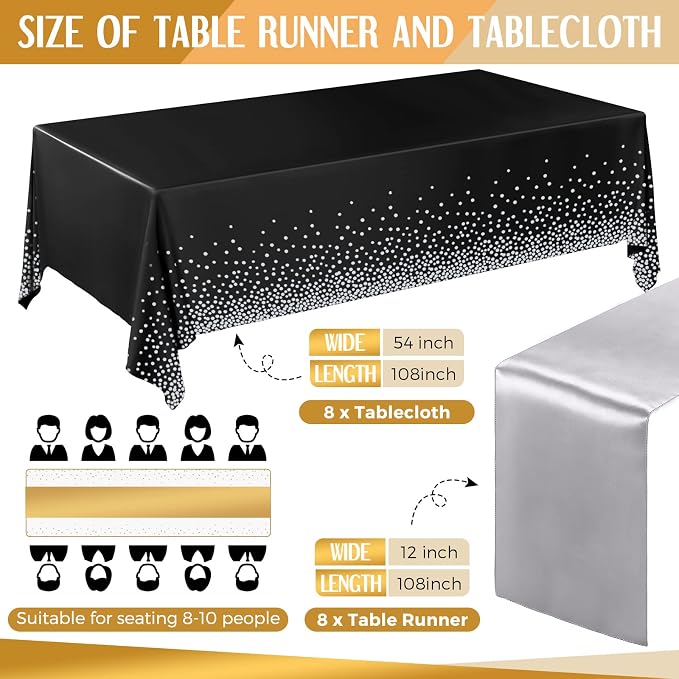 Tudomro 16 Pieces Black and Silver Disposable Plastic Tablecloths and Satin Table Runner Set 54x108 Inch Tablecloth 12x108 Inch Table Runners for New Year Wedding Birthday Baby Shower Graduation
