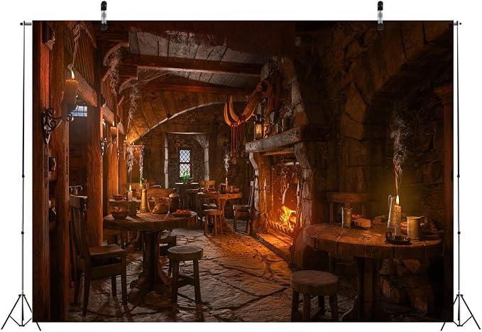 BELECO 12x10ft Fabric Medieval Tavern Backdrop for Photography Wooden Interior Candle Light Fireplace Ancient Tavern Inn Bar Restaurant Background for Party Decorations Photo Booth Studio Props