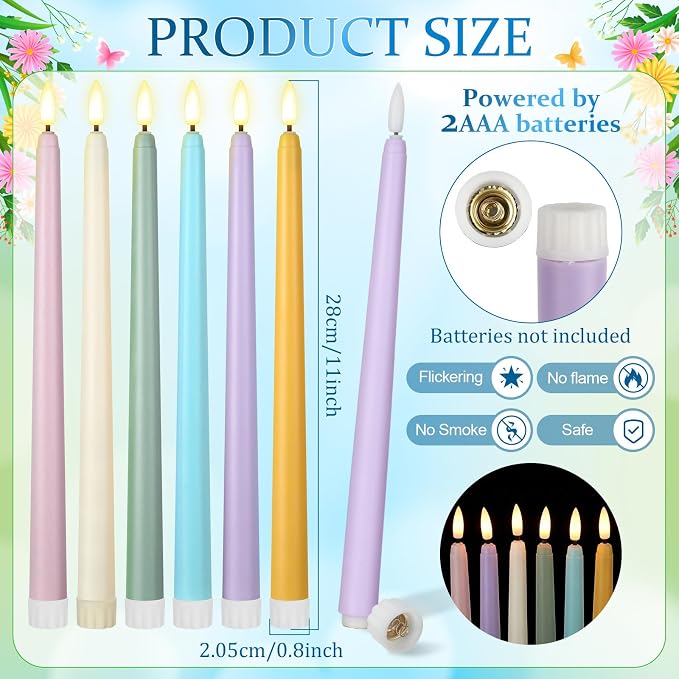Macarrie 24 Packs Flameless Taper Candles Battery Operated Fake 11 Inch Long Candlelight LED Flameless Candlesticks Flickering Tapered for Summer Fall Wedding(Spring Wedding)