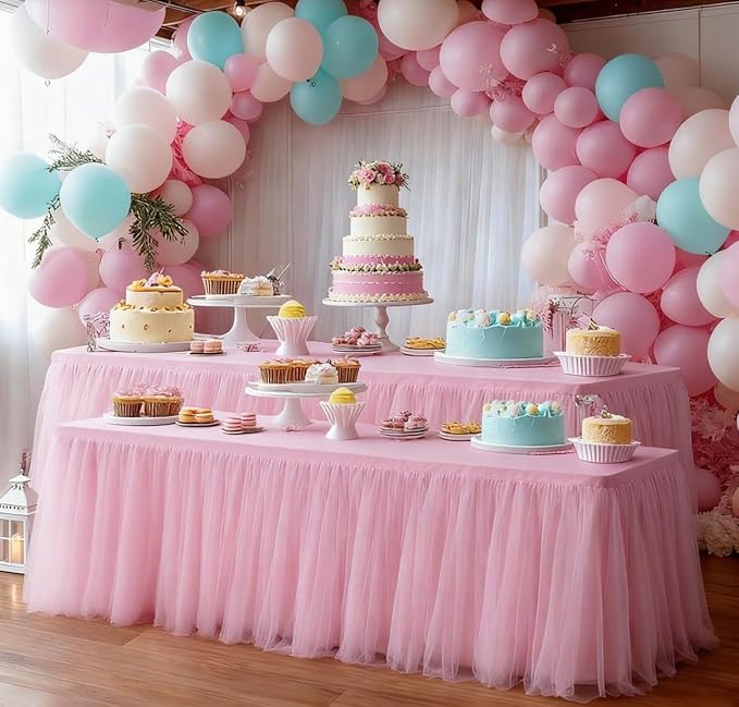 2-Pack Pink 2-in-1 Tulle Tablecloth for 8-Foot Rectangular Table – Stretch Fitted Table Skirt & Cover for Baby Shower, Bridal, Birthday, Princess Party