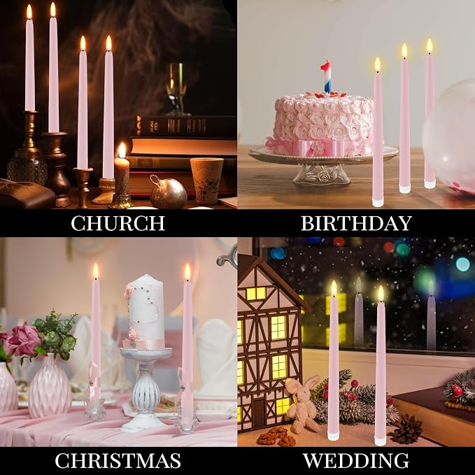 Macarrie 24 Packs Flameless Taper Candles Battery Operated Fake 11 Inch Long Candlelight LED Flameless Candlesticks Flickering Tapered for Summer Fall Wedding(Pink)