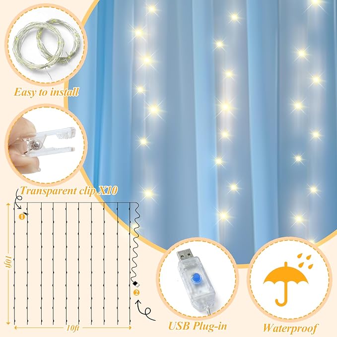 Ledido 3 Pack 10×10ft Blue Tulle Backdrop Curtains with Lights String - 900LED Fairy Lights Sheer Curtain Backdrop for Wedding Baby Shower Photo Shoot Birthday Party Decoration(6 Panels 5×10ft)，Blue