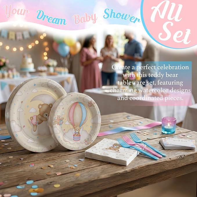 Teddy Bear Gender Reveal Plates and Napkins Set – He or She, What Will It Be – Serves 20, Paper Plates, Napkins – Bear Baby Shower Party Supplies Decorations Tableware for Birthday