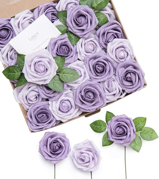 Ling's moment Artificial Flowers 25Pcs Dusty Violet Roses Decor w/Stems,3" DIY Foam Floral for Wedding Bouquet/Centerpieces, Outdoors Party Backdrop, Room/Table, and Garden/Pot Decorations