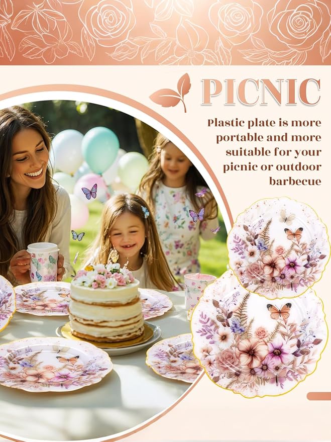 WDF 20Pack Spring Plates Flower- Baroque Fancy Butterfly Plates Disposable - 10’’ and 7’’ Floral plastic tableware Decoration Suitable for Spring Garden Party/Tea Party/Birthday