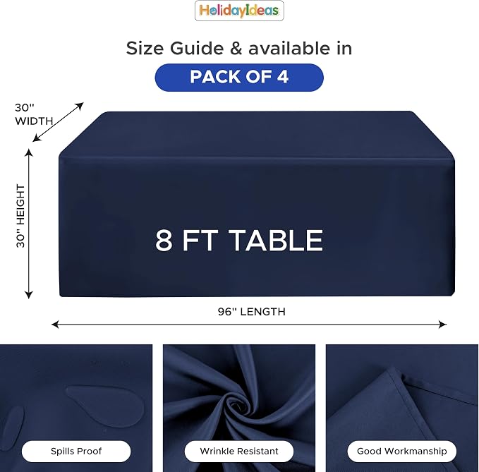 HolidayIdeas 4-Pack 8ft Navy Blue Rectangle Craft Shows Fitted Tablecloth | Wrinkle resistant table covers; bulk quantity pack for professional trade exhibition displays or vendor booths