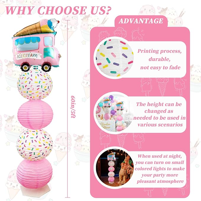 Ice Cream Balloon Column Stand Kit and Paper Lantern 2 Sets 5 Feet with Reusable Metal Telescopic Design for Ice Cream Parties, Birthday Decorations for Girls,Wedding