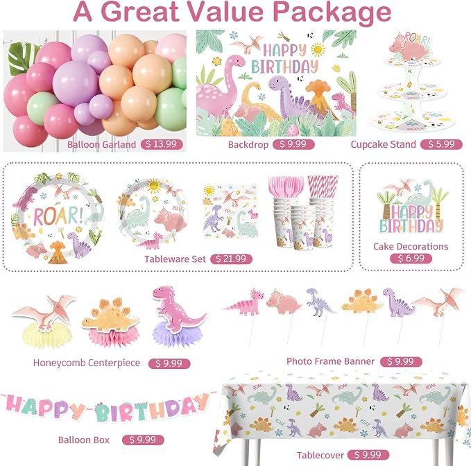 293pcs Pink Dinosaur Birthday Decorations for Girl, Worry-free One-stop Set for 25 Guests, with Dinosaur Balloon Arch, Plates and Dino Cupcake Stand, Easy Setup for Dinosaur-Themed Party
