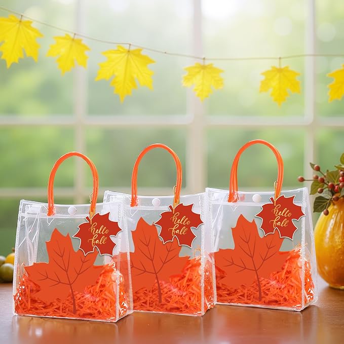 Hosuly 24 Pcs Thanksgiving PVC Gift Bags with Handles Button Reusable Clear Fall Maple Leaf Candy Treat Goodie Bags for Autumn Harvest Halloween Birthday Baby Shower Party Favors Supplies