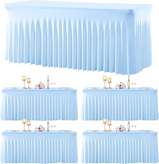 gogoparti 4 Pack Spandex Baby Blue Fitted Table Cloth for 8ft Rectangle Tables Light Blue Stretch Tablecloth Banquet Table Covers Wrinkle Free Tablecloths for Parties Wedding