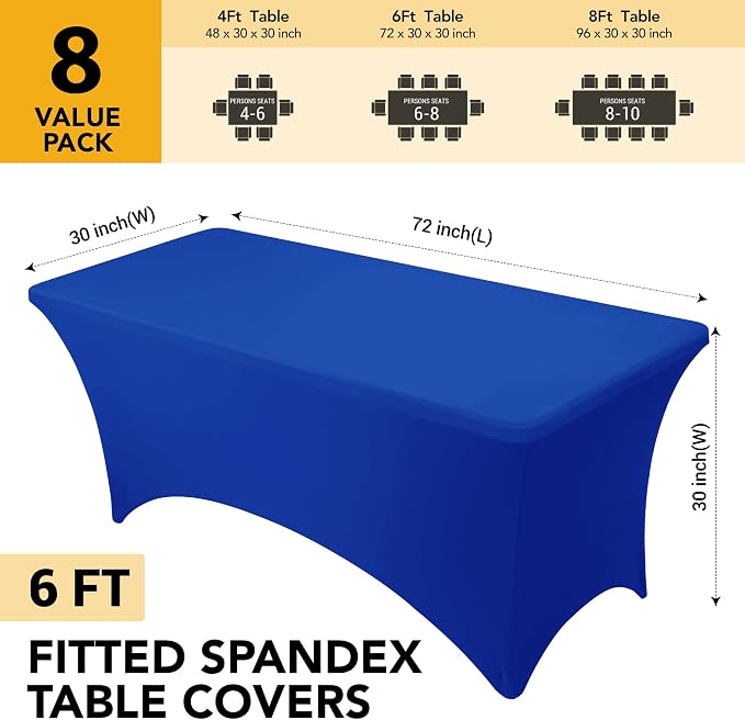 8-Pack Premium Royal Blue Spandex Tablecloths for 6ft Rectangle Tables, Stain & Wrinkle-Resistant, Washable Stretch Polyester Fitted Table Cover for Weddings, Banquets, Trade Shows Events