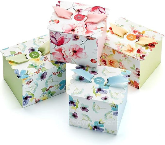 Small Floral Gift Boxes with Ribbons (20 Pack) 4” x 3.2” Cute Flower Decorative Mini Treat Boxes, Printed Spring Wildflower, Pretty Tea Party Favors, Diwali, Candy, Mithai Indian Sweets, Bulk, Empty
