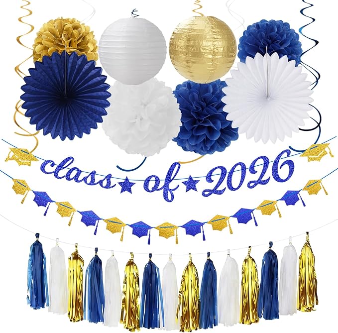 Navy-Blue White Gold Graduation Party-Decorations Garland - 31pcs Congrats Grad Class 2026 Banner,Hat Hanging Streamers,College High School Congratulations Masters Classroom Backdrop Decor Burgleda