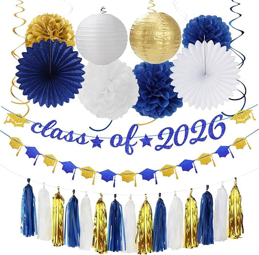 Navy-Blue White Gold Graduation Party-Decorations Garland - 31pcs Congrats Grad Class 2026 Banner,Hat Hanging Streamers,College High School Congratulations Masters Classroom Backdrop Decor Burgleda