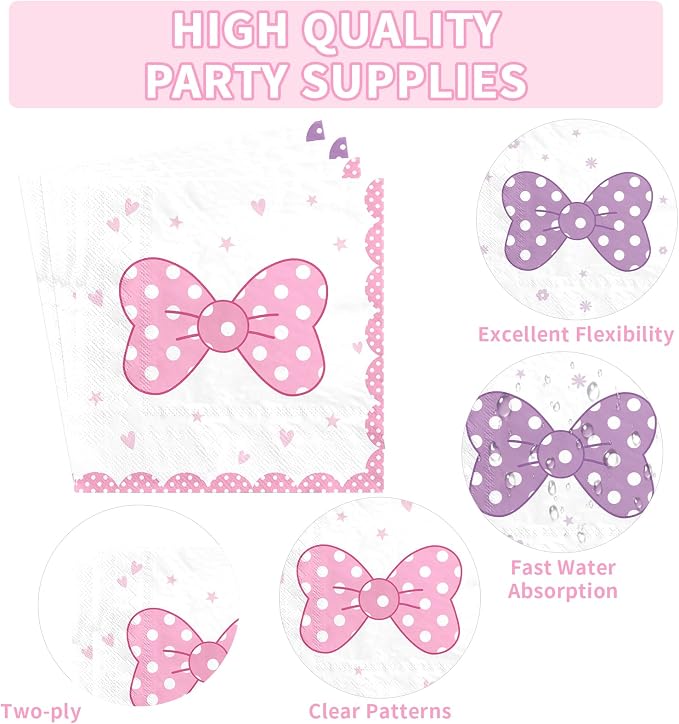 96Pcs Cartoon Mouse Party Decorations Cute Mouse Birthday Paper Plates and Napkins Tableware Sets Pink and Purple Bows Themed Decor for Girls Holiday Birthday Party Supplies Serves 24