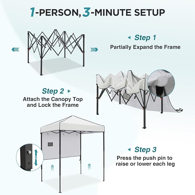 EAGLE PEAK 6x4 Instant Pop Up Canopy Tent with 1 Half Wall Panel, Straight Leg Sun Shelter, Portable Canopy with Carry Bag for Camping, Beach & Sports, White