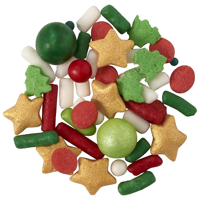 DECOPAC North Pole Fusion Mix Candy Sprinkles, 26oz, Fancy Christmas Gold Stars, Green Trees, Red Berries, Edible Festive Sprinkles For Celebration Cakes, Cupcakes, Cookies & Donuts (28308)