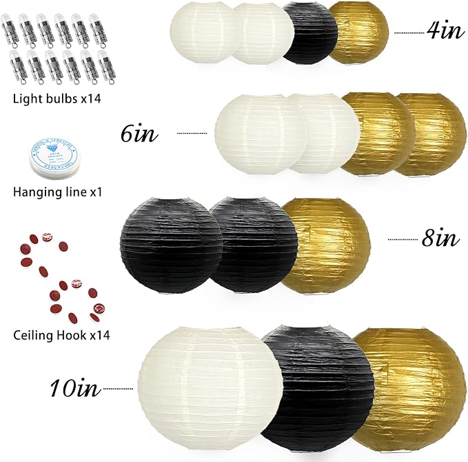 Paper Lanterns Decorative, Black Gold Chinese Paper Lanterns Ceiling Party Decorations with Lights for Graduation Anniversary Engagements New Years Eve Party 2026，14pcs
